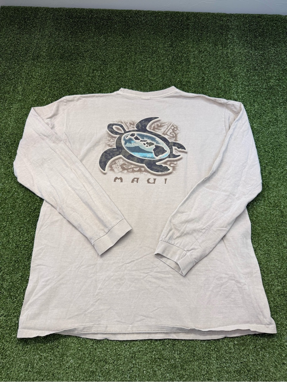 VTG Crazy Shirts Mens Long Sleeve Maui Hawaii Turtle T-Shirt Beige Kona Coffe XL